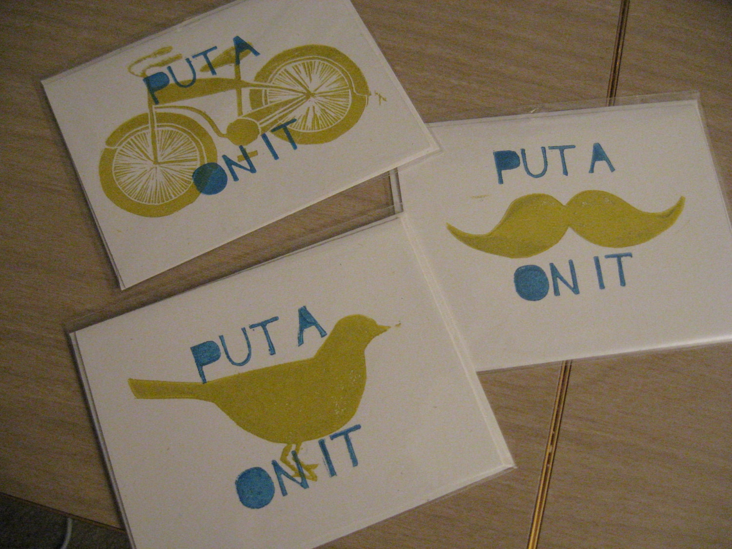 put a thing on it cards -- birds, mustaches, bicycles -- 3 pack