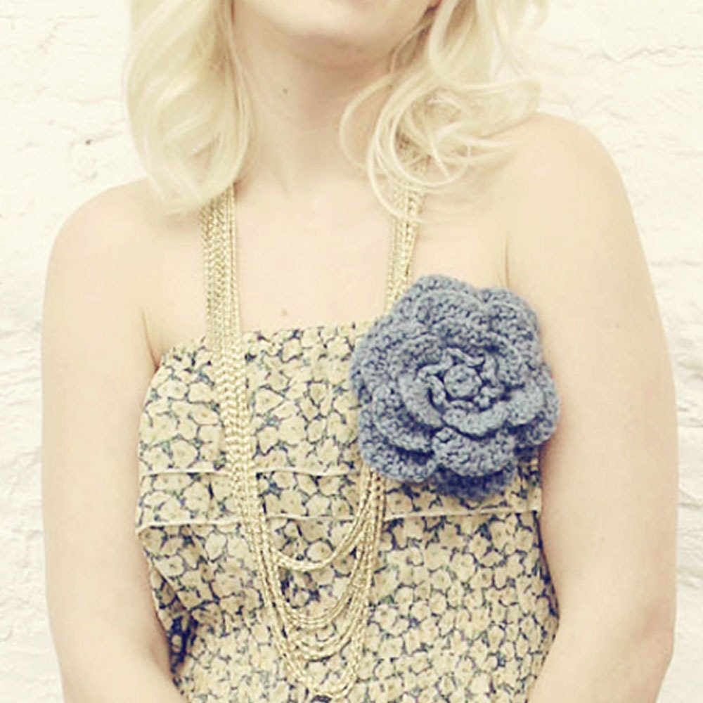 Muted  Blue Crocheted Flower Pin-READY TO SHIP