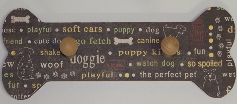 Wooden dog bone leash holder - wooden plaque Playful puppy