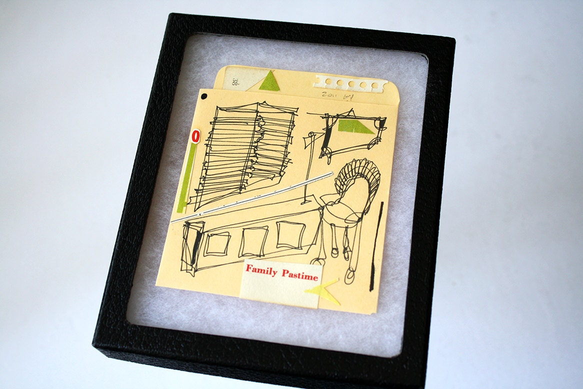 Family Pastime - retro mini book pocket art in display case (one of a kind ink drawing & collage)