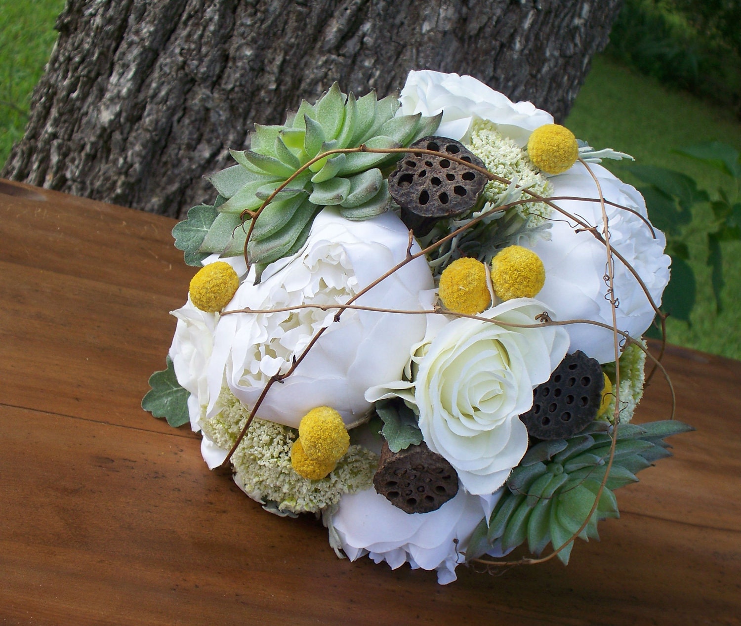 Bridal Bouquet - Succulent & Billy Ball Craspedia Yellow and White Wedding Bouquet - AprilHilerDesigns