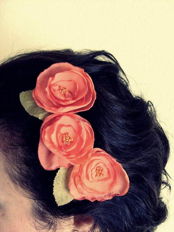 Orange Red Organza Flower  Bridesmaid Hair Comb-3 Organza poppy Flower and 2 Fall Leaves