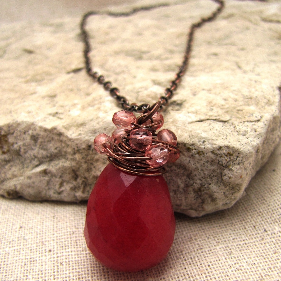 Hot Pink Jade wrapped in Pale Pink Crystals Necklace "Sweetness"