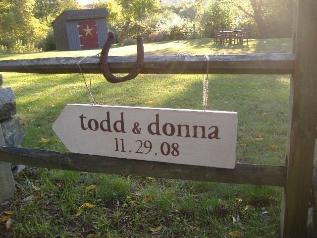 Handpainted Personalized Directional Arrow Wedding Sign, Black, Brown, Navy Blue, or Gray Lettering, Housewarming