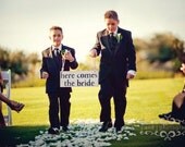 Here Comes The Bride Sign for Flowergirl or Ring Bearer, Photo Prop, Alternative to Pillow or Basket, Black Lettering, One or Two Handles