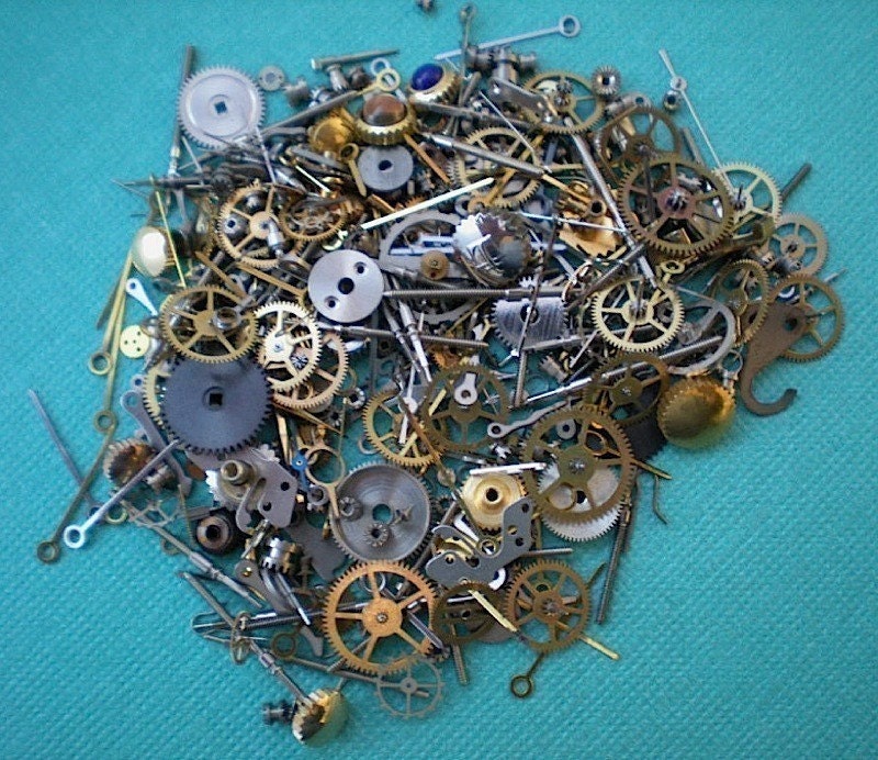 Vintage steampunk watch parts, 1 oz (28 grams) - Lots of tiny gears, wheels, hands and stems