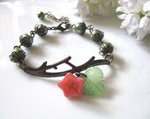 Brass Twig Bracelet with Olive Pearls - Matt Frosted Lucite Green Leaf and Pink Glass Flower, Reminiscent of the Beauty of Spring
