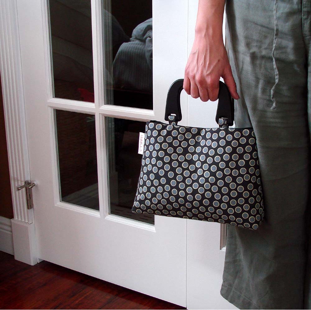 Handbag with Black Wood Handles In Gray and Yellow Resort Wear Ready to Ship