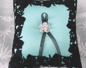 Tiffany Blue-Black Viennese Lace Ring Pillow-Rhinestones-Monique B