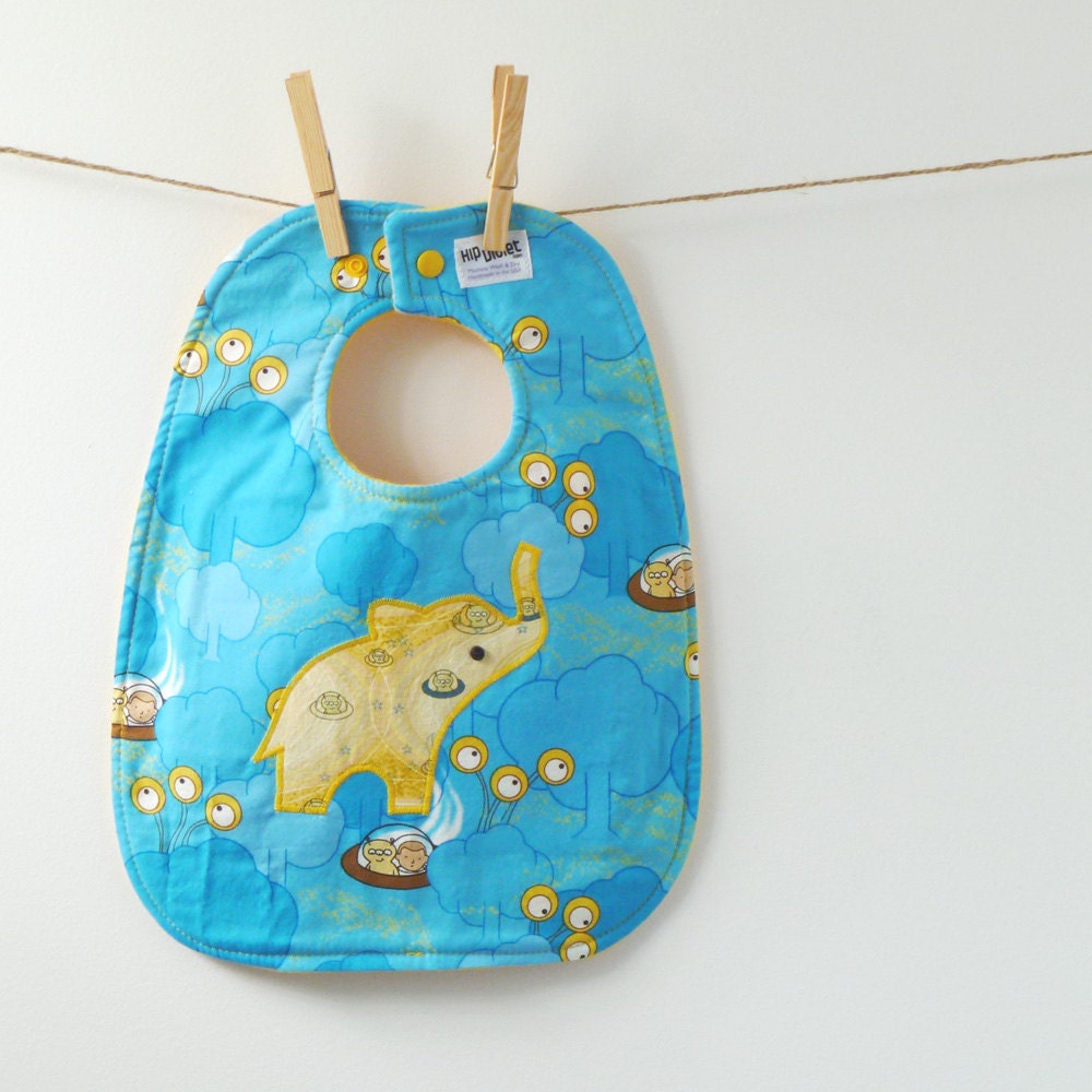 Baby Shower GIft - Handmade Baby Bib - Aliens and an Elephant - Oversize with Snaps