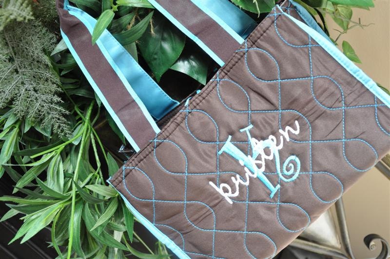 Personalized Custom Monogrammed Insulated Lunch Tote eco friendly Layered BROWN with TURQUOISE trim