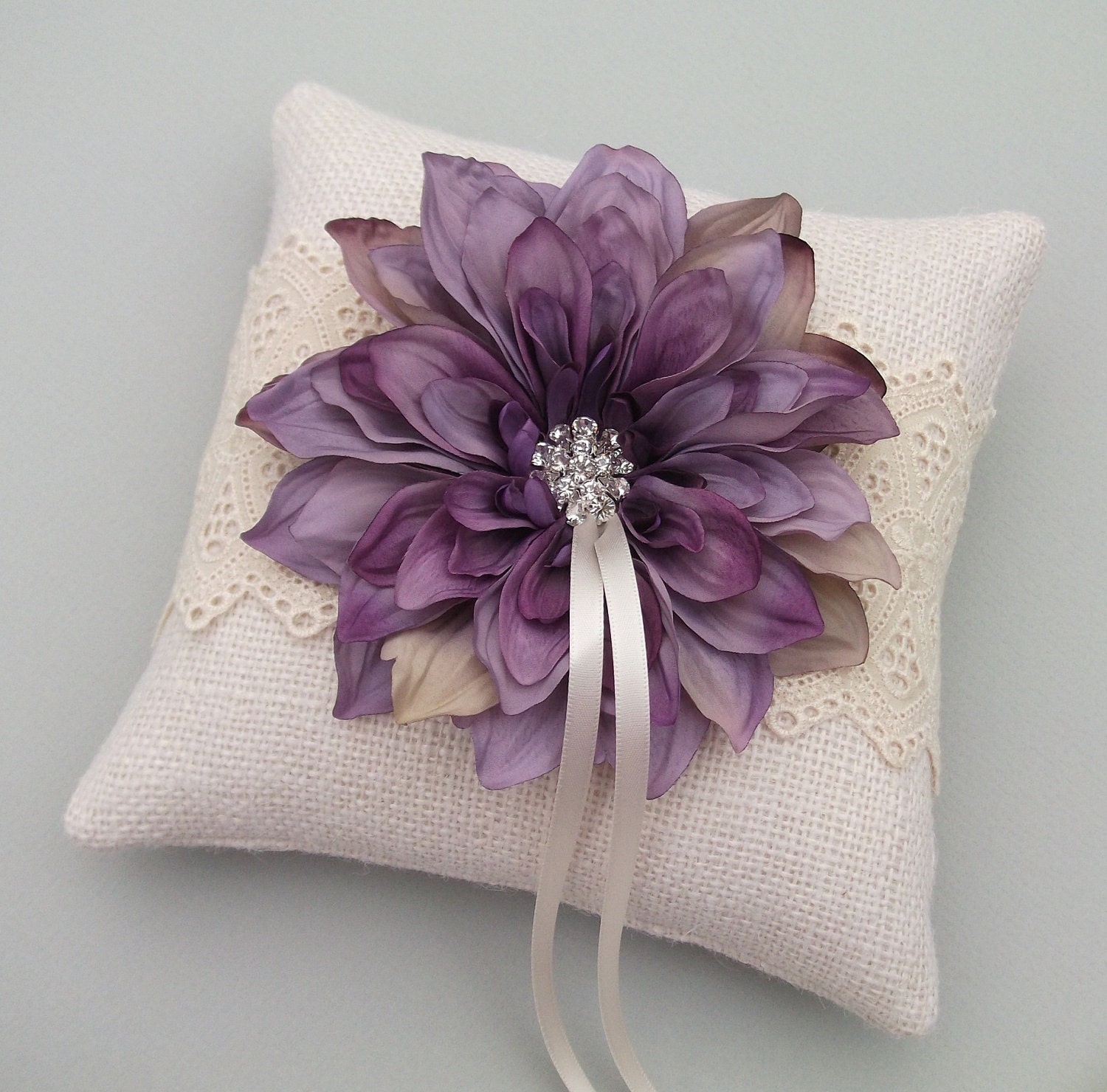 Burlap Ring Bearer Pillow with Purple Dahlia