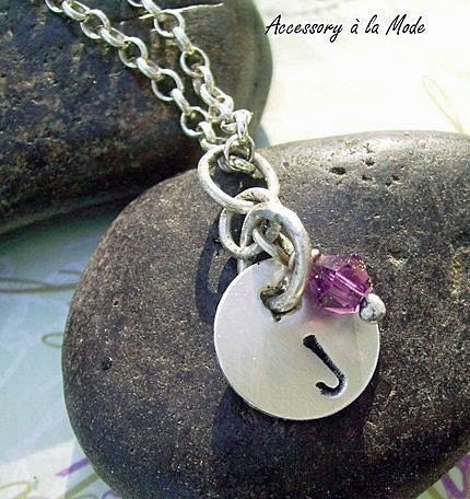 Personalized custom Sterling Silver Hand Stamped INITIAL DISC Necklace with Swarovski Crystal Birthstone - The ORIGINAL -