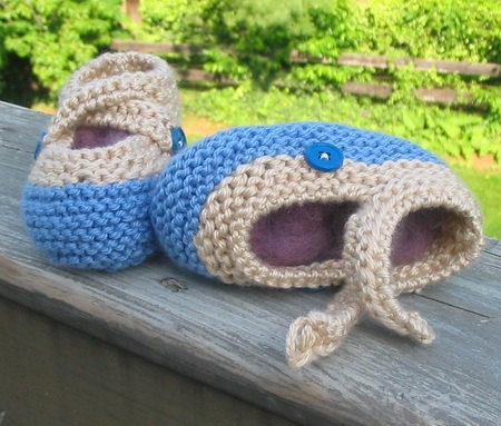 Blue and beige knitted booties for 6-12 month old baby