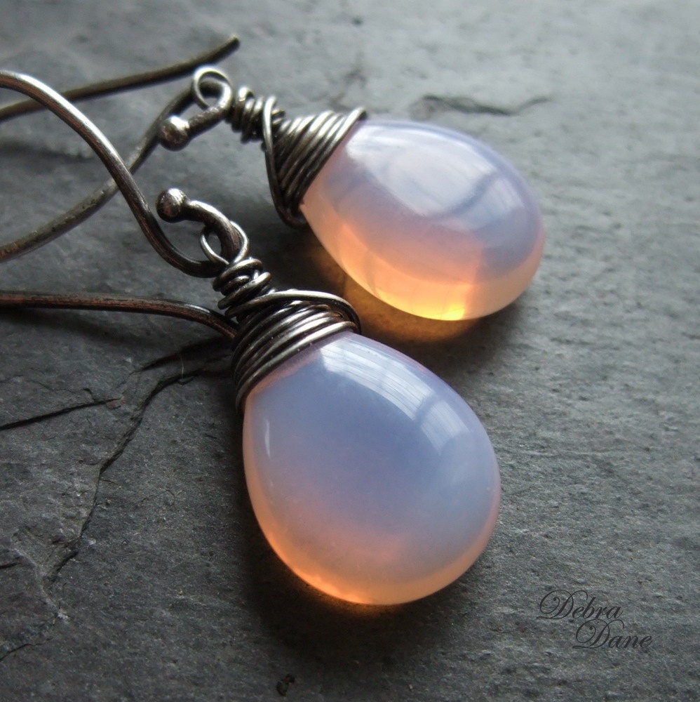 Pink Opal Earrings Sterling Silver Wire Wrapped Teardrop