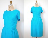 1960s cotton dress / vintage 60s day dress / Turquoise Embroidered Flowers