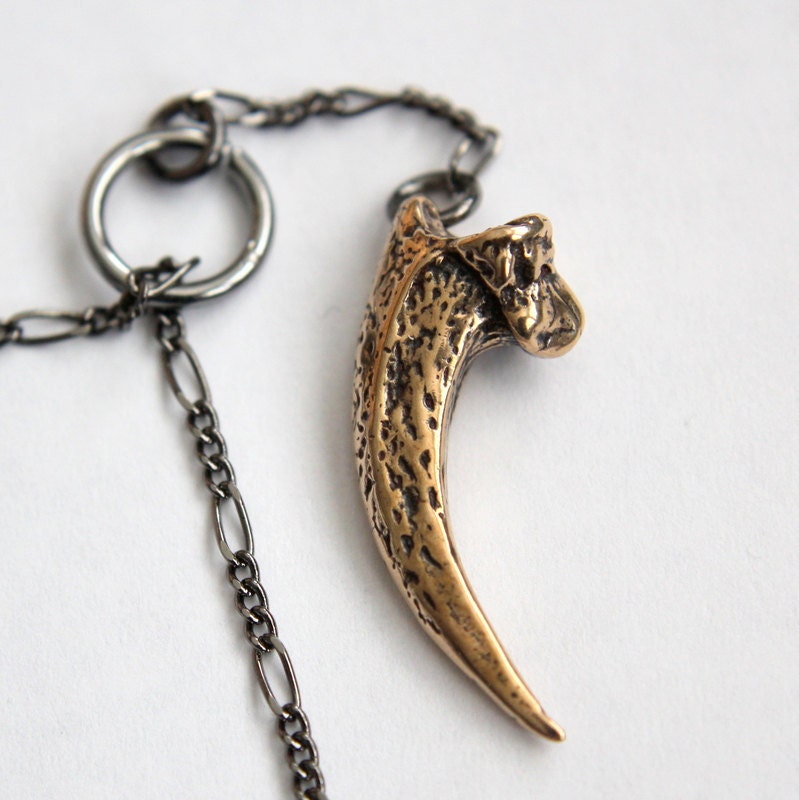 Textured Bronze  Owl Talon Drop Necklace Life Size