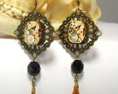 Antique Vintage Rose Gold Watch Movements Jet Black Czech Glass Topaz Swarovski Crystal Brass Steampunk Gothic Lolita Neo Victorian Earrings