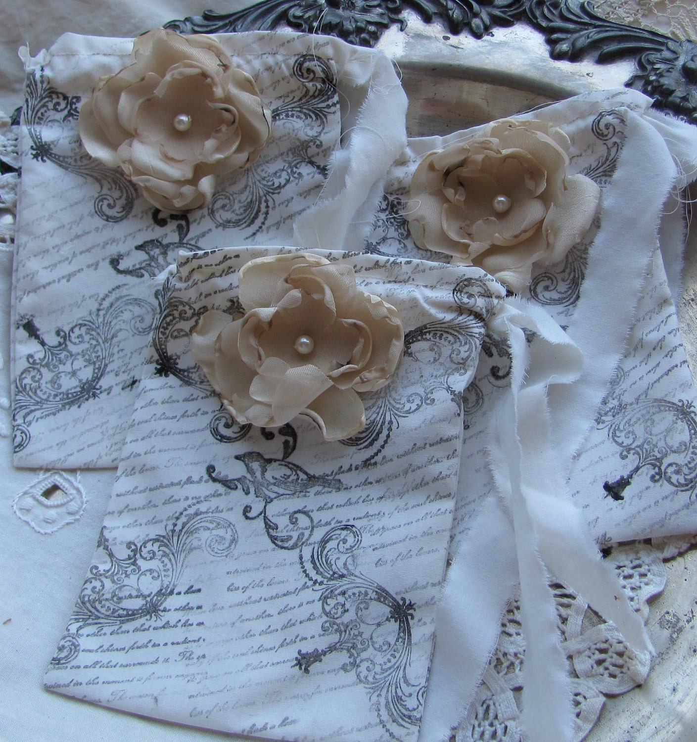Gift Bags  French Inspired   Set of 3 by My Broken Art on Etsy