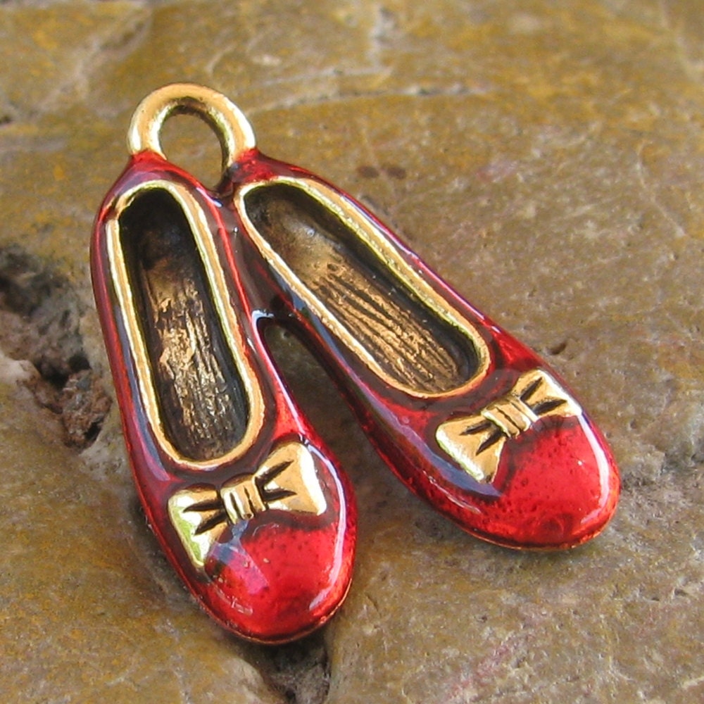 6 Antique Gold and Red Dorthy Shoes Ballerina Slipper Charms Finding 995