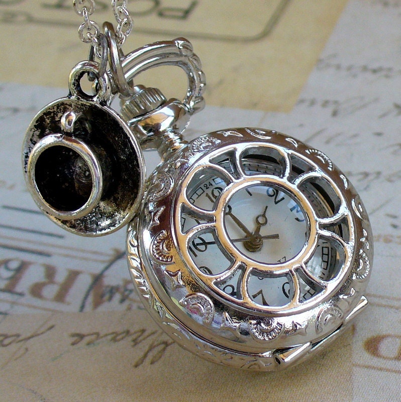 Alice in Wonderland Steampunk pocket WATCH necklace pendant charm locket TEA TIME-- never late for your T E A