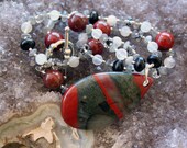 RISKY BUSINESS Necklace (Cherry Orchard Jasper, Onyx, Mookaite, Grey and White Moonstone, Czech Glass)