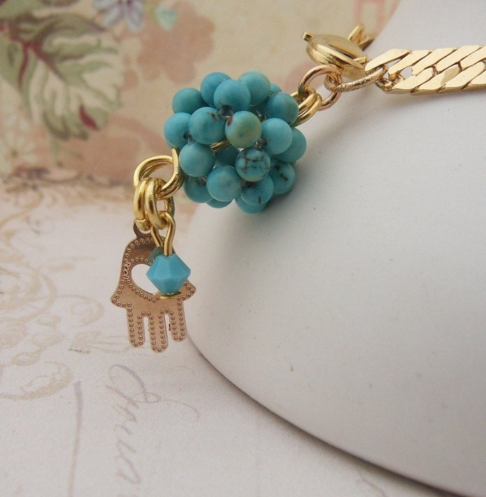 HAMSA and Golden Bracelet with Turquoise Ball - For Good Luck