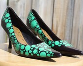 Teal and Brown Beautiful Hand Painted Women's Heels, Size 7.5, ON SALE
