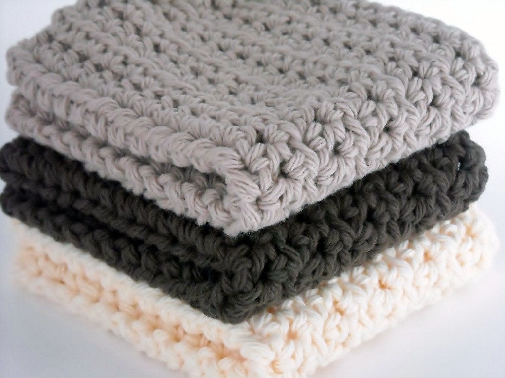 Kitchen Dishcloths Crochet Cotton Washcloths Chocolate Brown, Taupe & Cream Set of 3 Handmade