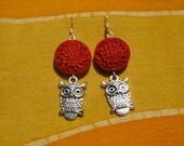 Red Chrysanthemum Owl Charm Earrings