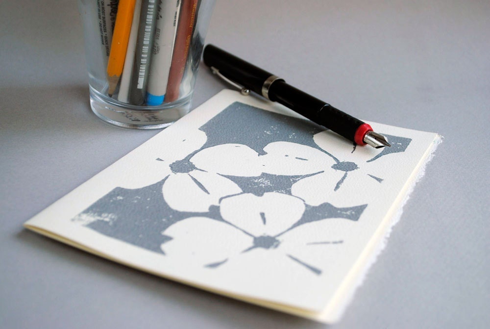 Dogwoods Blank Notecard - Silver on Ivory Floral Block Print - 5 x 7 inches