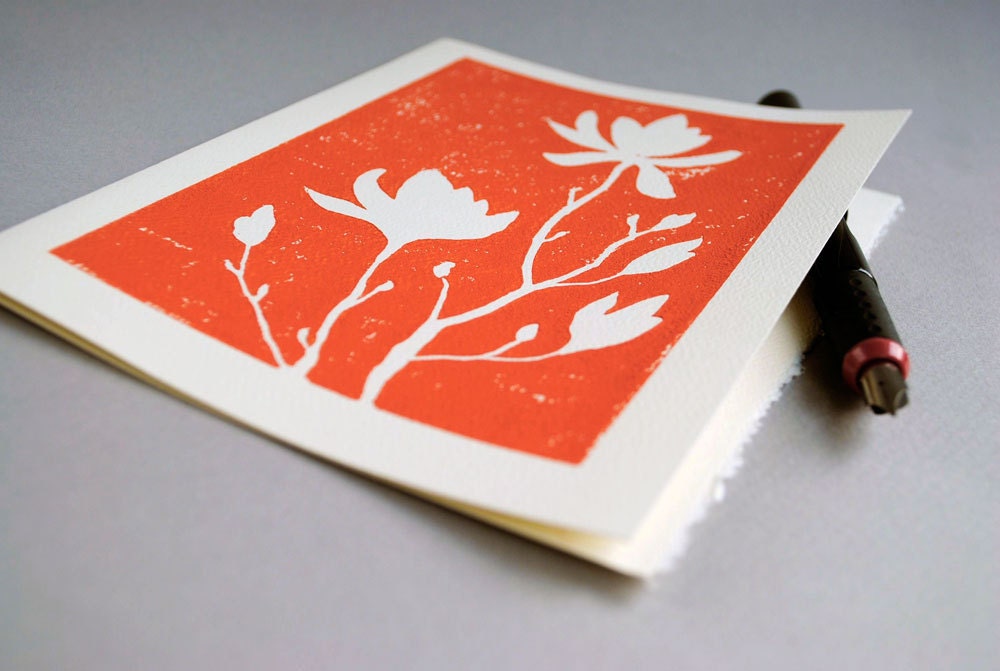 Magnolia Blank Notecard - Orange Linocut Print - 5 x 7 inches