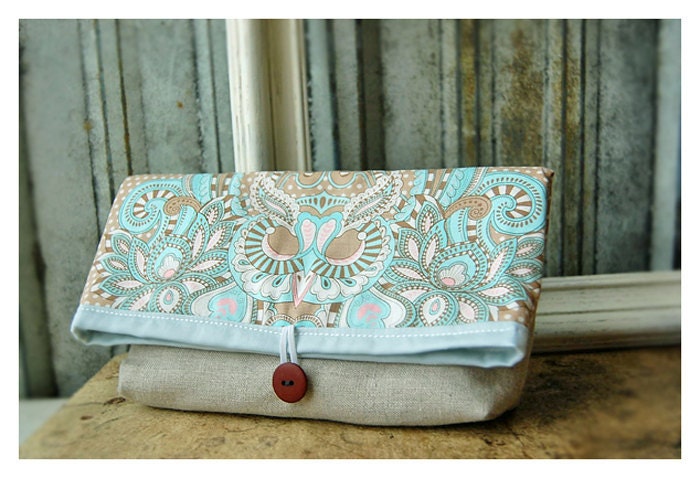 Owl Natural Linen Clutch Handmade Padded Make Up Travel Chi Omega Gadget Bag tagt team