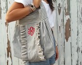 French Market Bag Custom Made Monogram  Ticking large hobo ruffle tote from down de bayou
