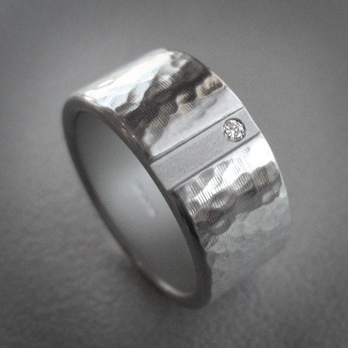 Titanium Diamond Mirrored Hammered Wedding Ring