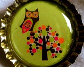 Retro Hot Pink and Brown Owl in Spotty Tree bottle cap magnet