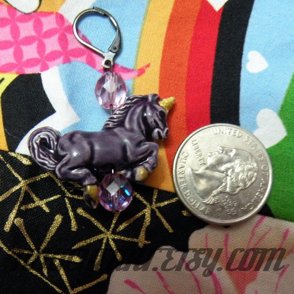 Unicorn Ceramic & Glass Earrings Purple Peru e08