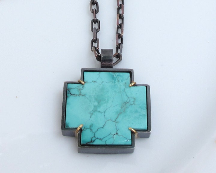 Turquoise Cross Artisan Silver 18k Gold  Pendant No. 2