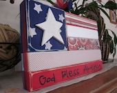 Patriotic wood flag stacker blocks, wood sign shelf, home decor, God Bless America, Red White and Blue, summer seasonal stacker blocks