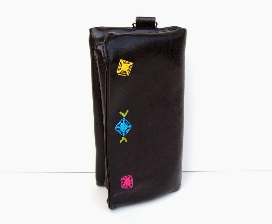 Women's Clutch Wallet, Hand Embroidered, Black Vinyl, Vegan Wallet, Pouch, Black Clutch