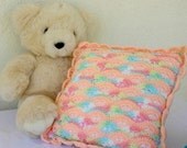 Decorative Pillow crocheted Peach and rainbow variegated shell stitch home decor feminine washable rainbow yarn