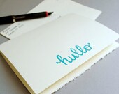 Turquoise Blue Greeting Card  -- Hullo -- 5 x 7 inch Blank Notecard with Cursive Font