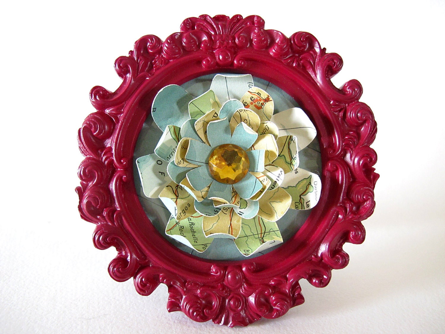 Fancy Frame Flower made with Upcycled Map from 1963 Atlas First Edition