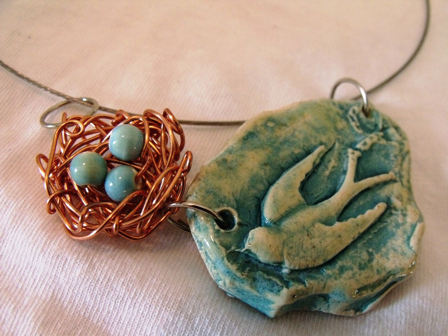 Turquoise Bird and Copper Nest Necklace by KFMclayworks