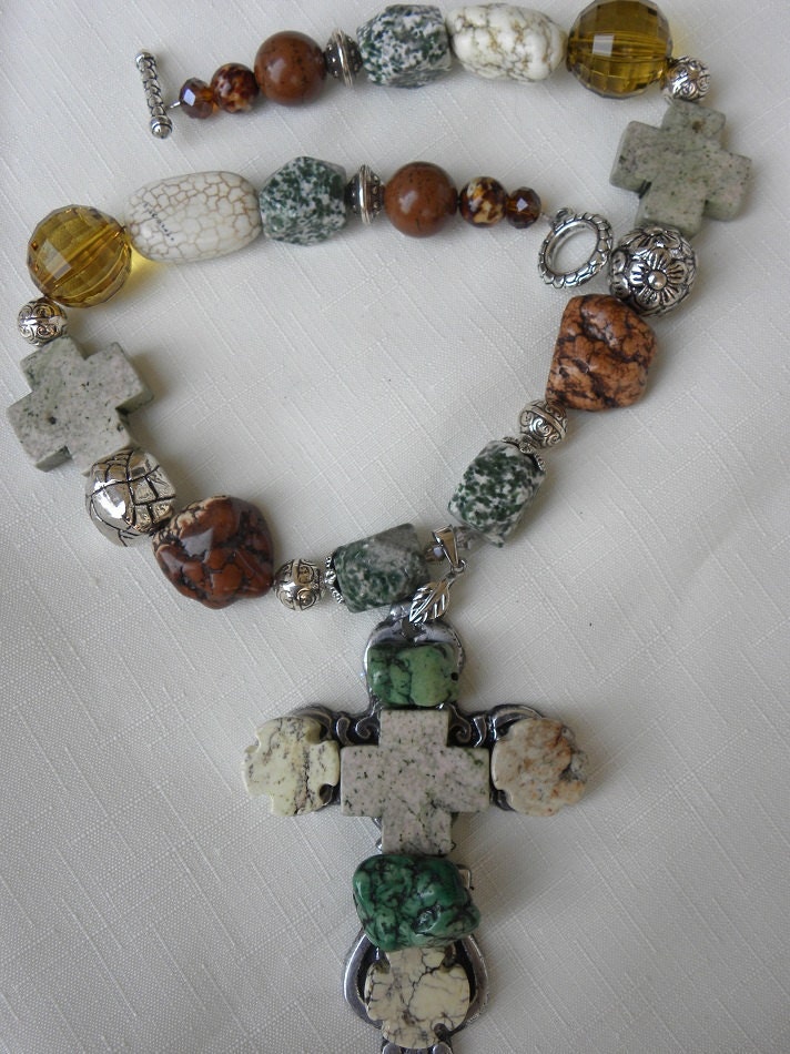 Turquoise Handmade Cross Necklace Chunky Green Brown
