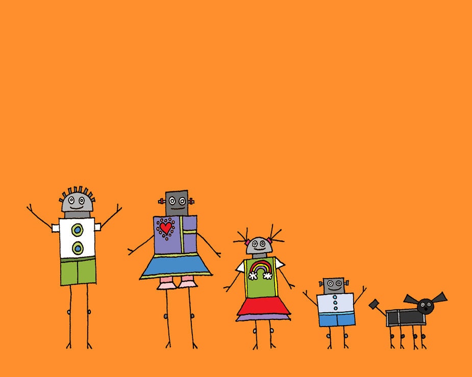 Robot Family ( 8x10 Children's Art Print )