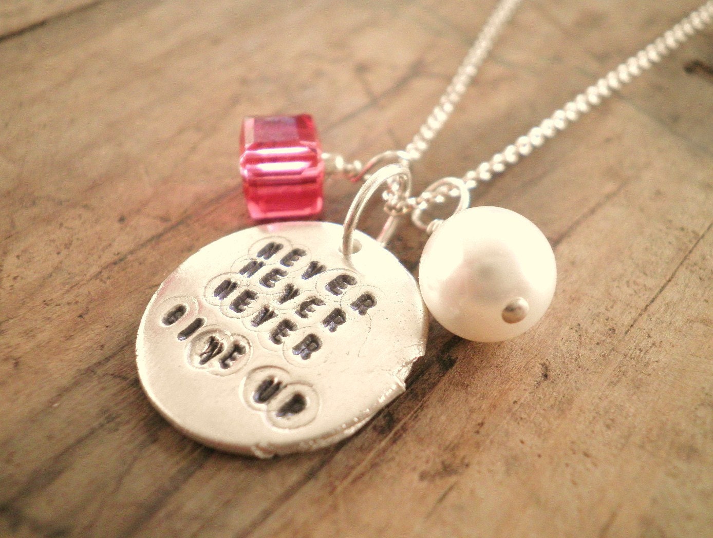 Never Give Up -- Customizable Sterling, Fine Silver, and Swarovski Breast Cancer Necklace