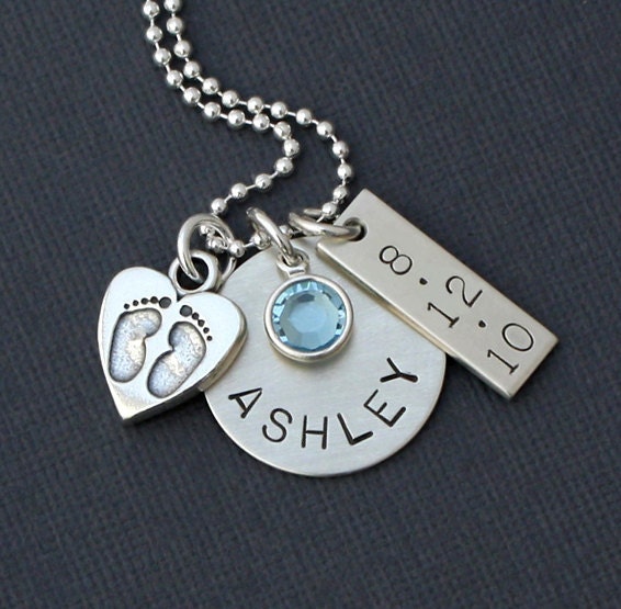 New Mommy/Grandmother Necklace - Sterling Silver Hand-Stamped Disc with Birthstone and Charm Necklace