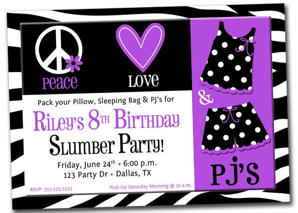 Printable Purple Zebra Pajama, Slumber, Sleepover Party Birthday Invitation