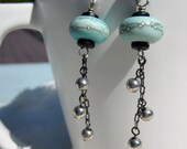 Soft Mint Green Lampwork Earrings - silver ball chain dangles